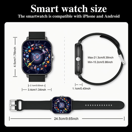 Unisex smart sports watch with a 1.83-inch touchscreen and silicone strap.